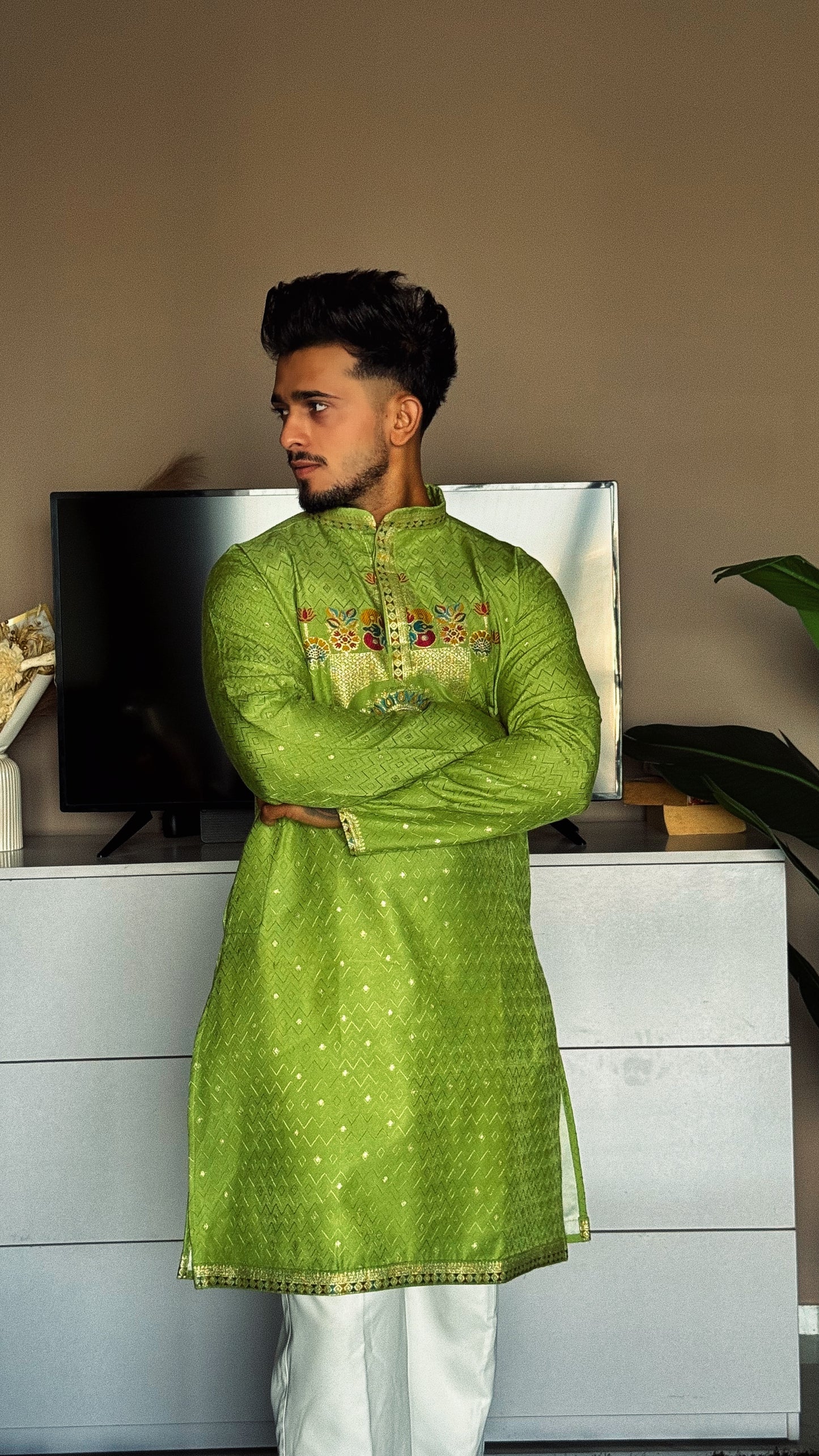 LIME GREEN PEACOCK MOTIF PATTERN JACQUARD DESIGNER KURTA