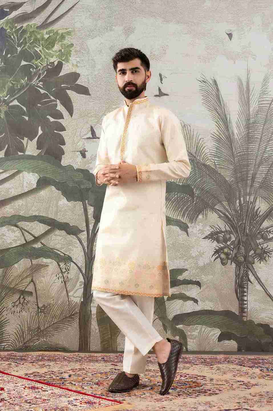 BEIGE FLORAL AND GEOMETRIC PATTERN JACQUARD DESIGNER KURTA