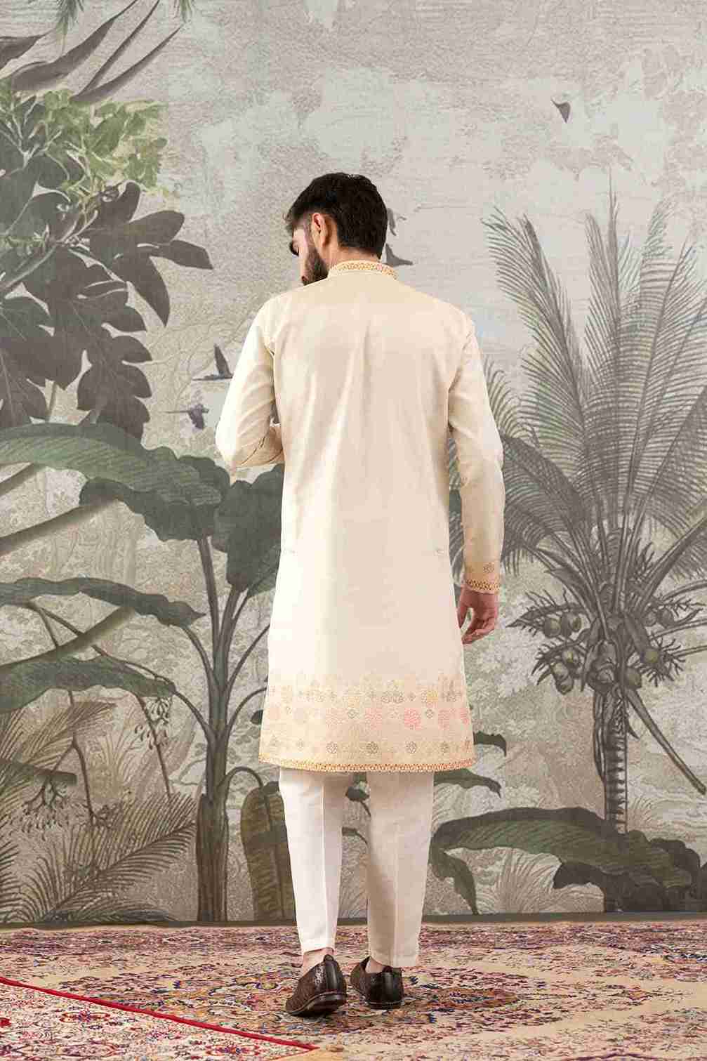 BEIGE FLORAL AND GEOMETRIC PATTERN JACQUARD DESIGNER KURTA
