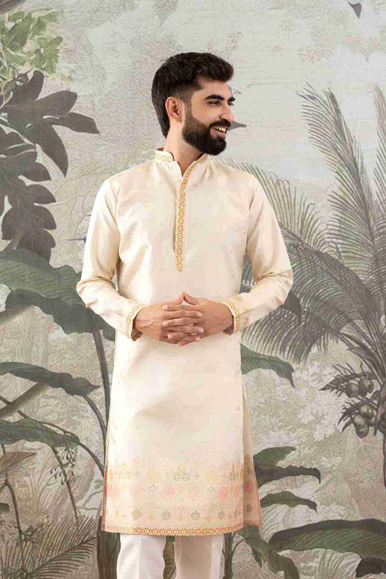 BEIGE FLORAL AND GEOMETRIC PATTERN JACQUARD DESIGNER KURTA