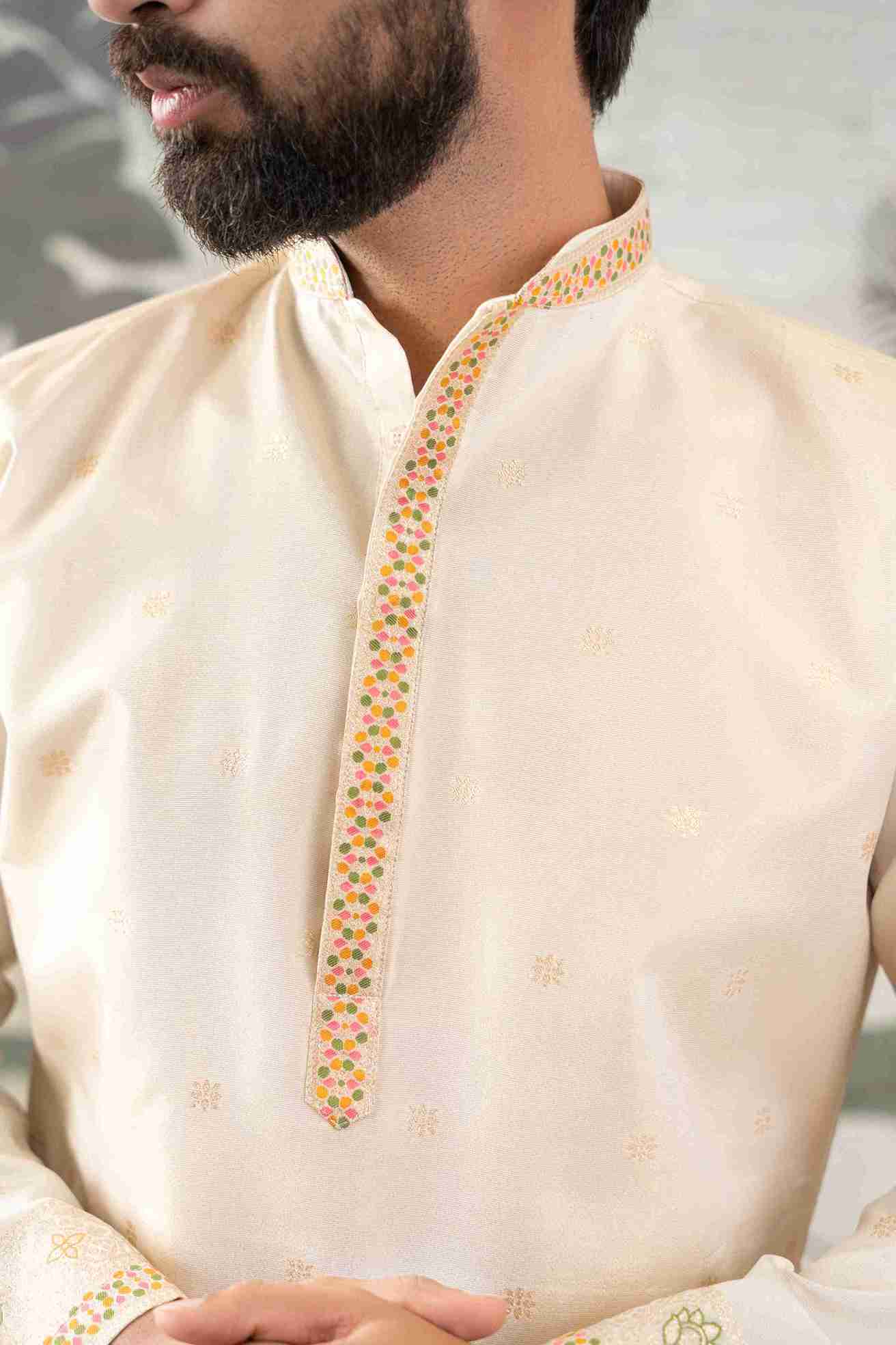 BEIGE FLORAL AND GEOMETRIC PATTERN JACQUARD DESIGNER KURTA
