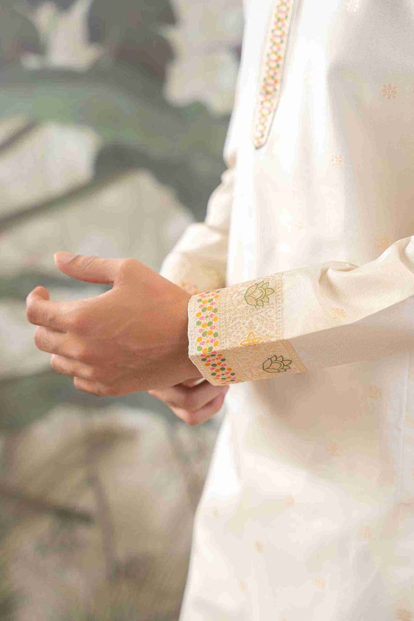 BEIGE FLORAL AND GEOMETRIC PATTERN JACQUARD DESIGNER KURTA