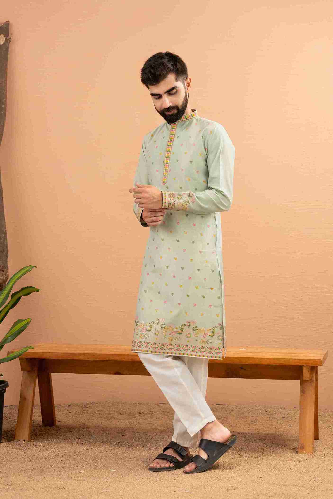 PISTA PEACOCK FLOWER PATTERN JACQUARD DESIGNER KURTA