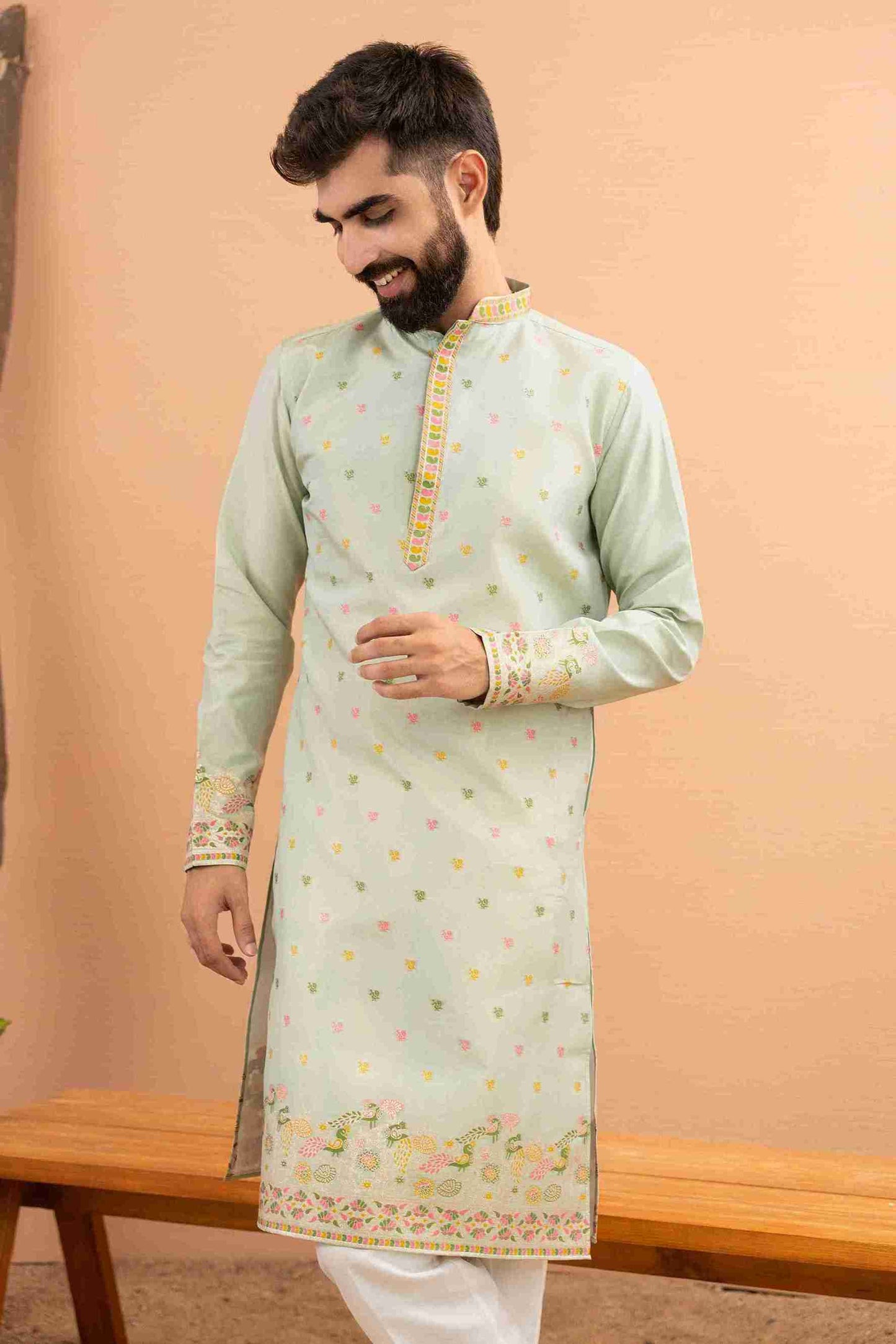 PISTA PEACOCK FLOWER PATTERN JACQUARD DESIGNER KURTA
