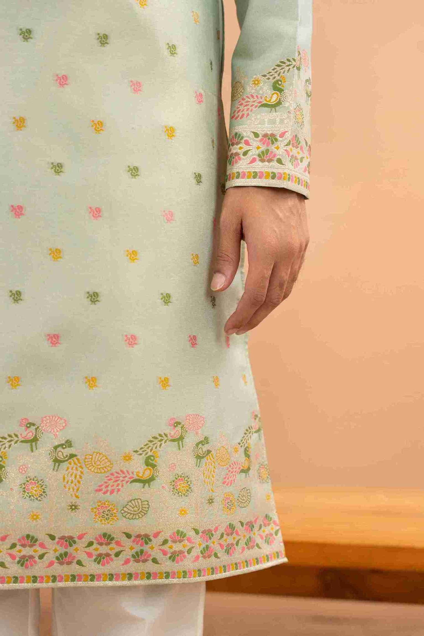 PISTA PEACOCK FLOWER PATTERN JACQUARD DESIGNER KURTA