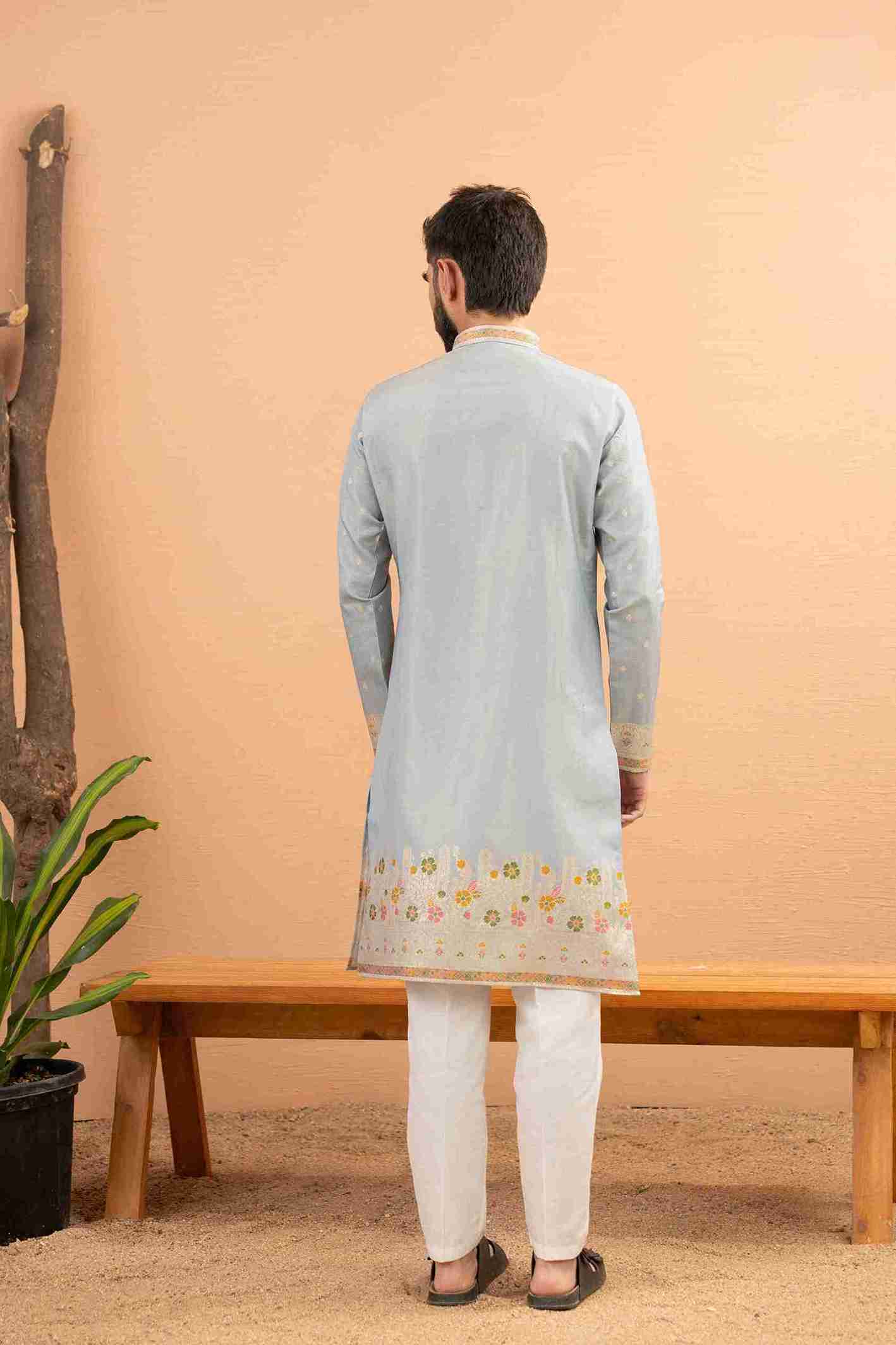 GREY PILLAR WITH FLOWERS PATTERN JACQUARD DESIGNER KURTA