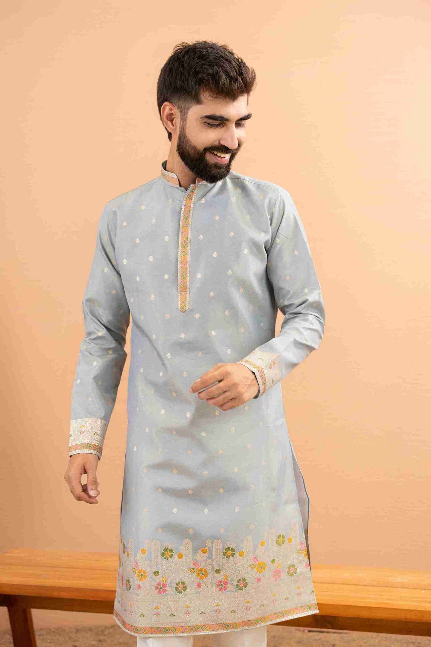 GREY PILLAR WITH FLOWERS PATTERN JACQUARD DESIGNER KURTA