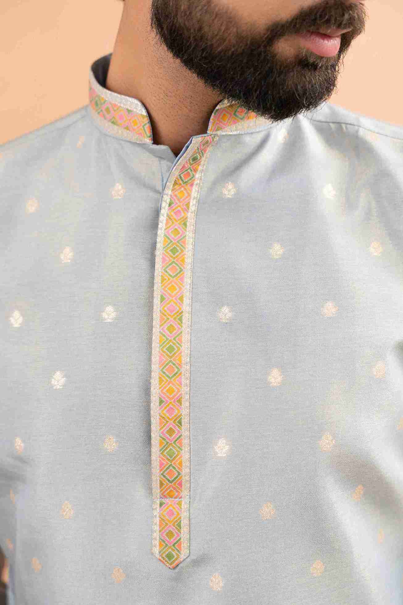 GREY PILLAR WITH FLOWERS PATTERN JACQUARD DESIGNER KURTA
