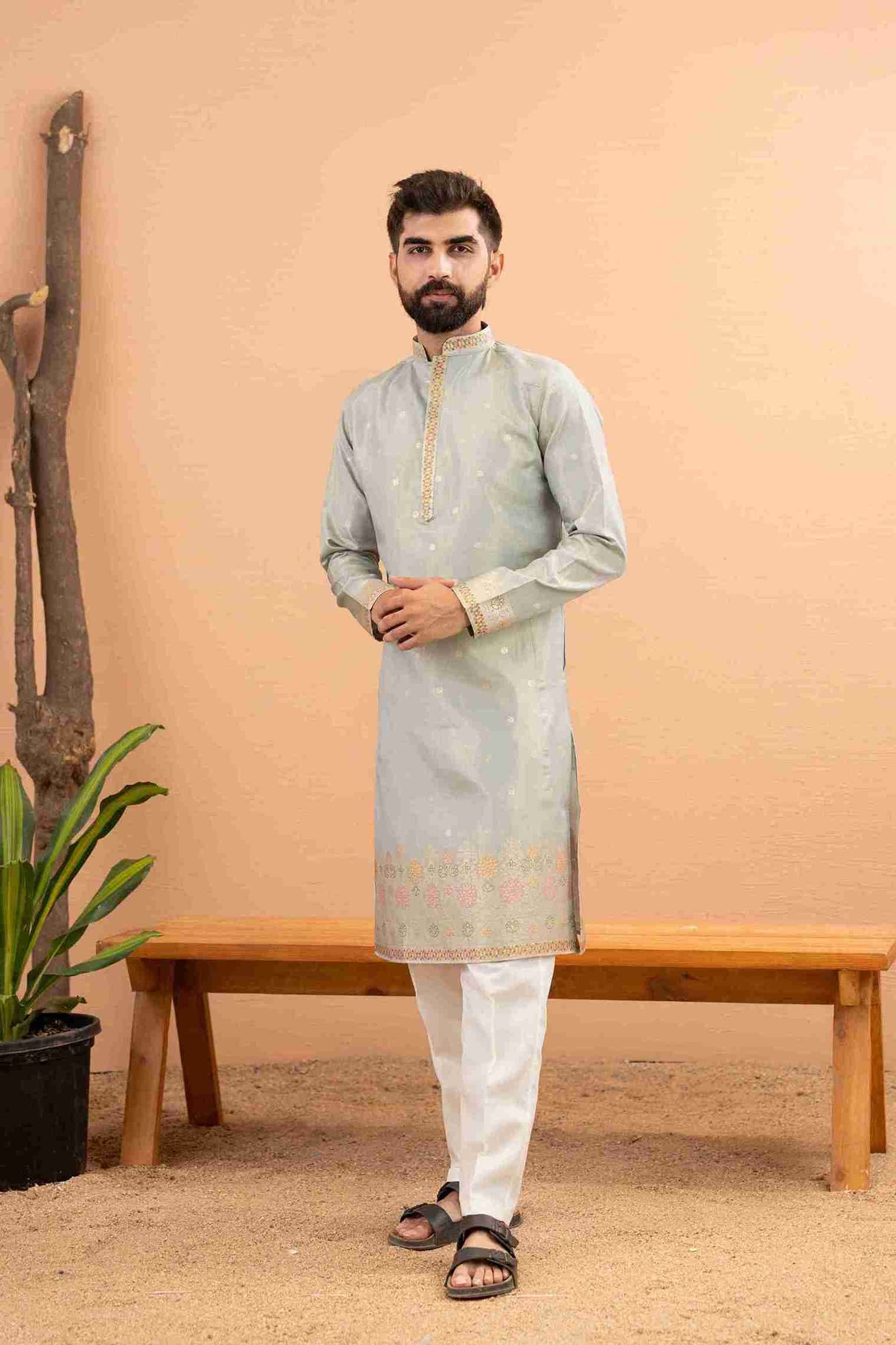 LIGHT C-GREEN FLORAL AND GEOMETRIC PATTERN JACQUARD DESIGNER KURTA