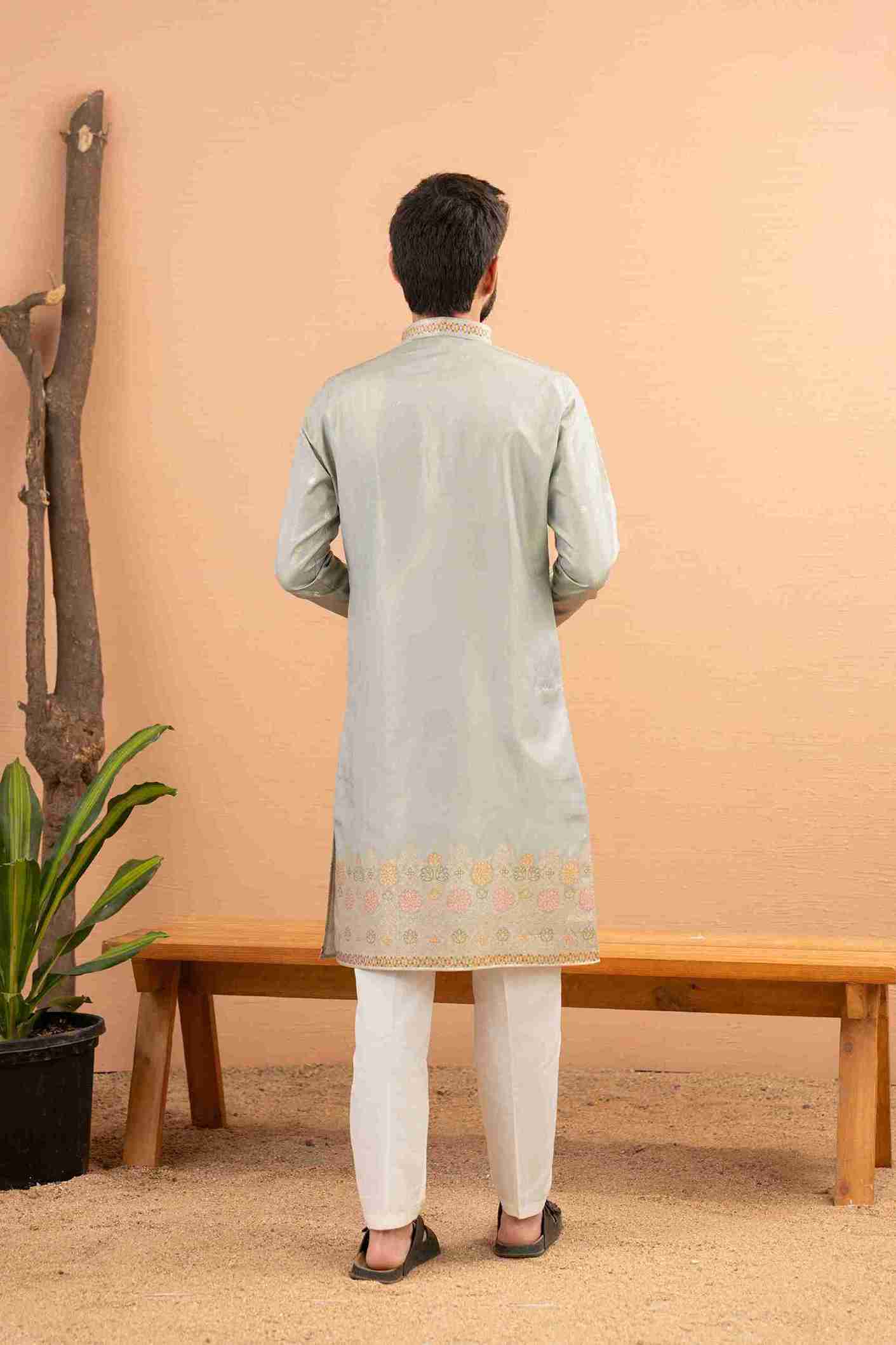 LIGHT C-GREEN FLORAL AND GEOMETRIC PATTERN JACQUARD DESIGNER KURTA