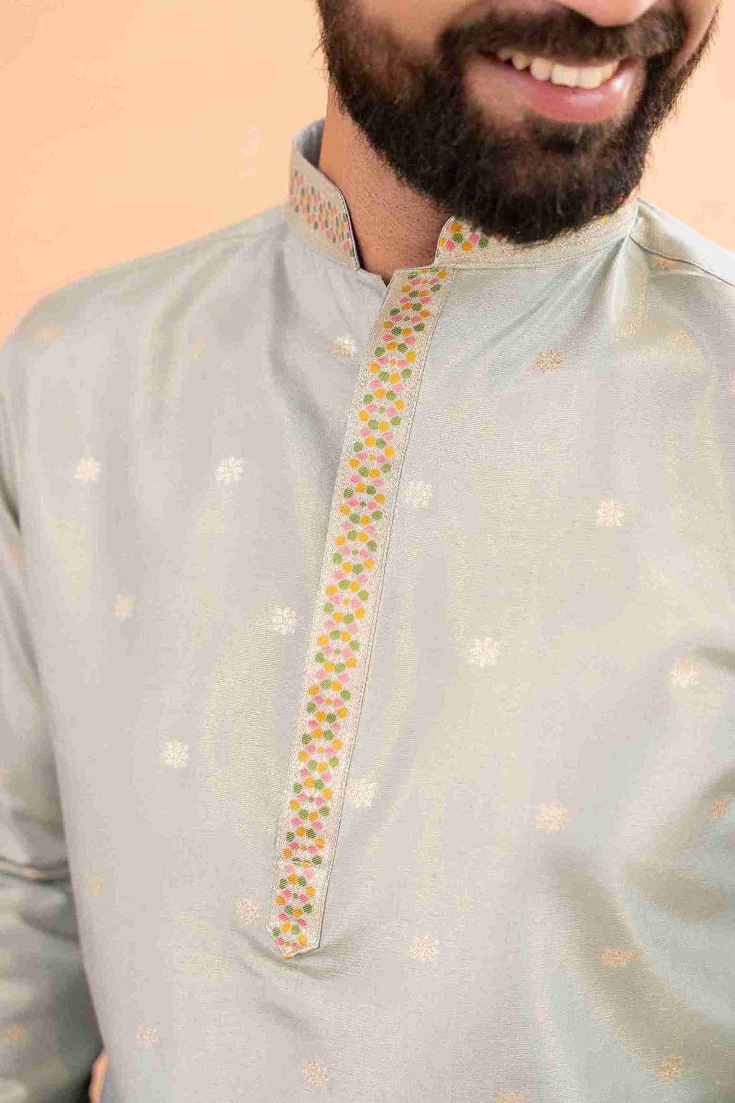 LIGHT C-GREEN FLORAL AND GEOMETRIC PATTERN JACQUARD DESIGNER KURTA