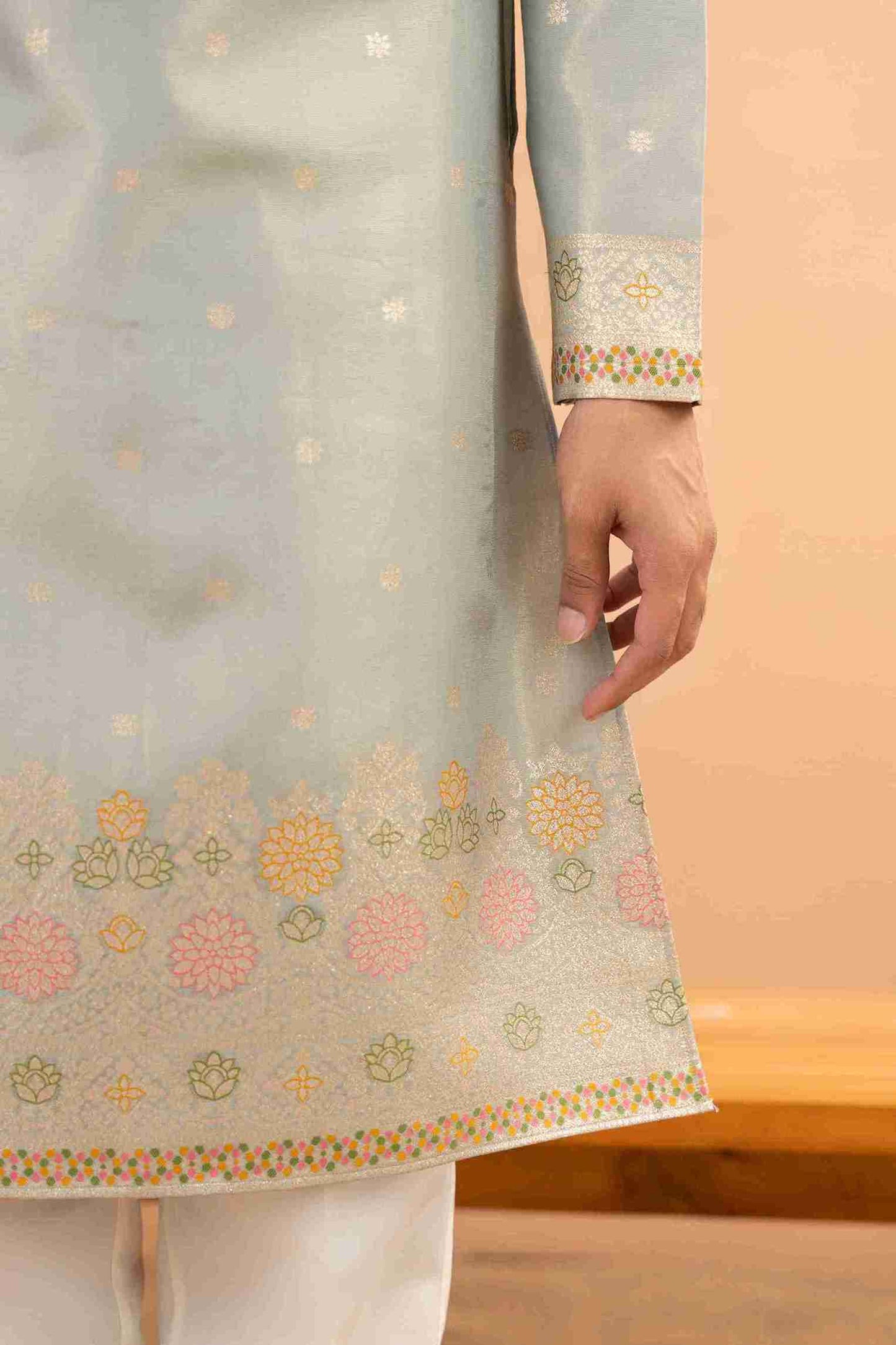 LIGHT C-GREEN FLORAL AND GEOMETRIC PATTERN JACQUARD DESIGNER KURTA