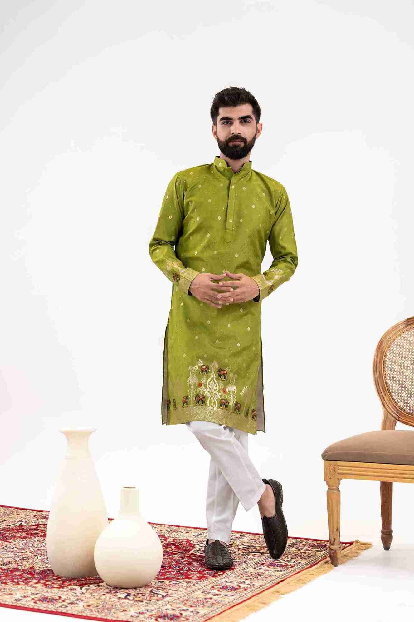 MEHNDI ELEPHANT LAKHNAVI JACQUARD DESIGNER KURTA