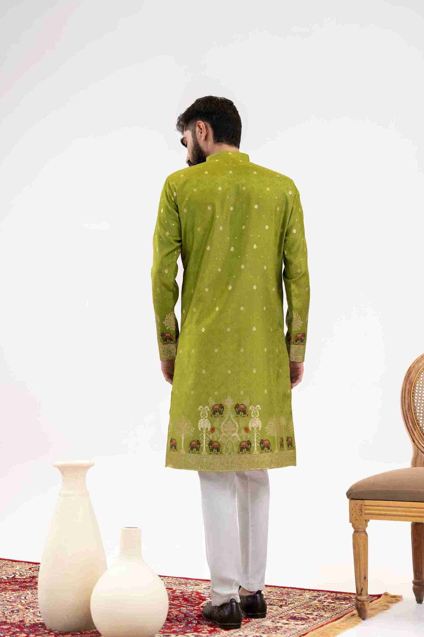 MEHNDI ELEPHANT LAKHNAVI JACQUARD DESIGNER KURTA