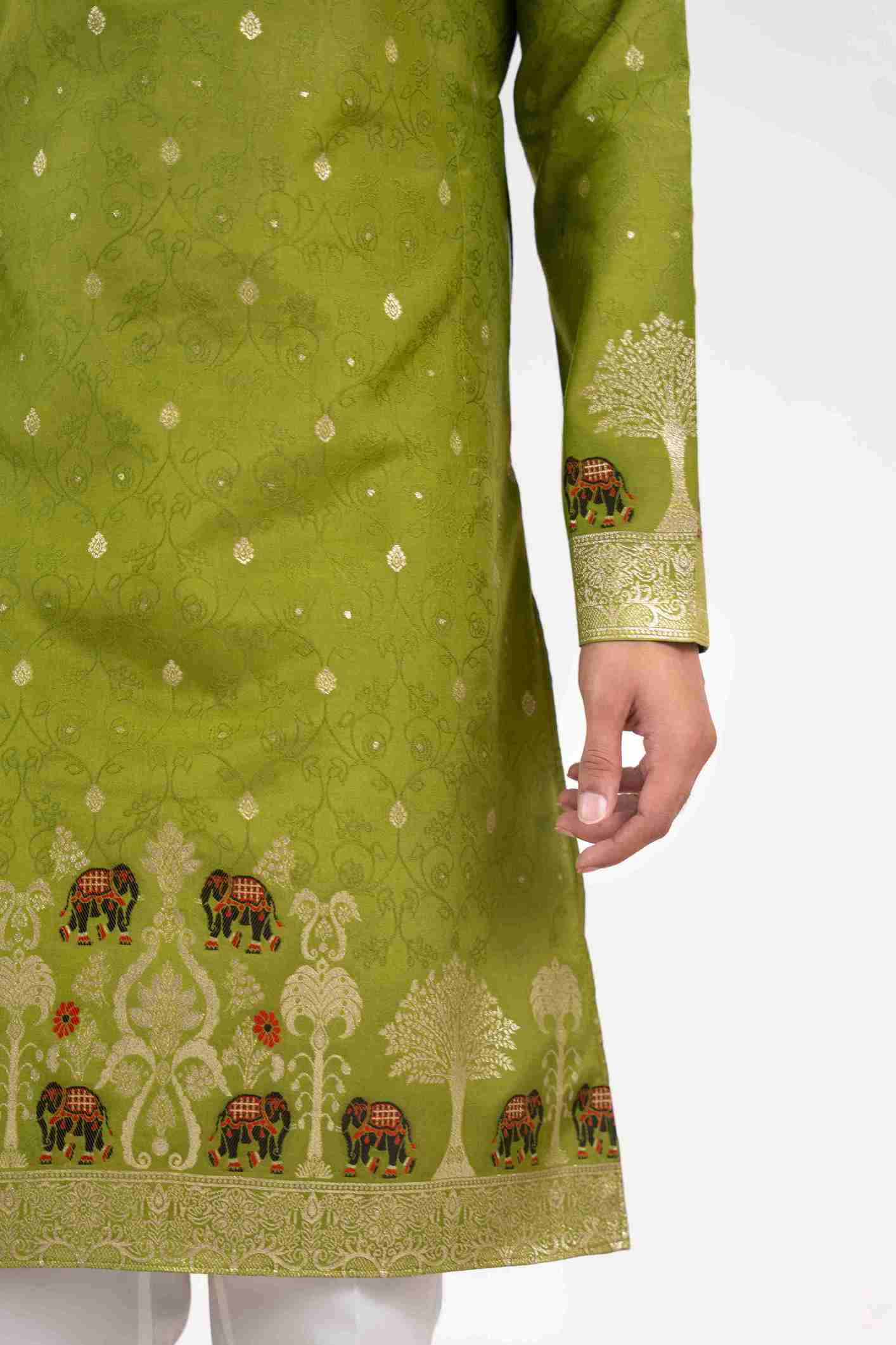 MEHNDI ELEPHANT LAKHNAVI JACQUARD DESIGNER KURTA