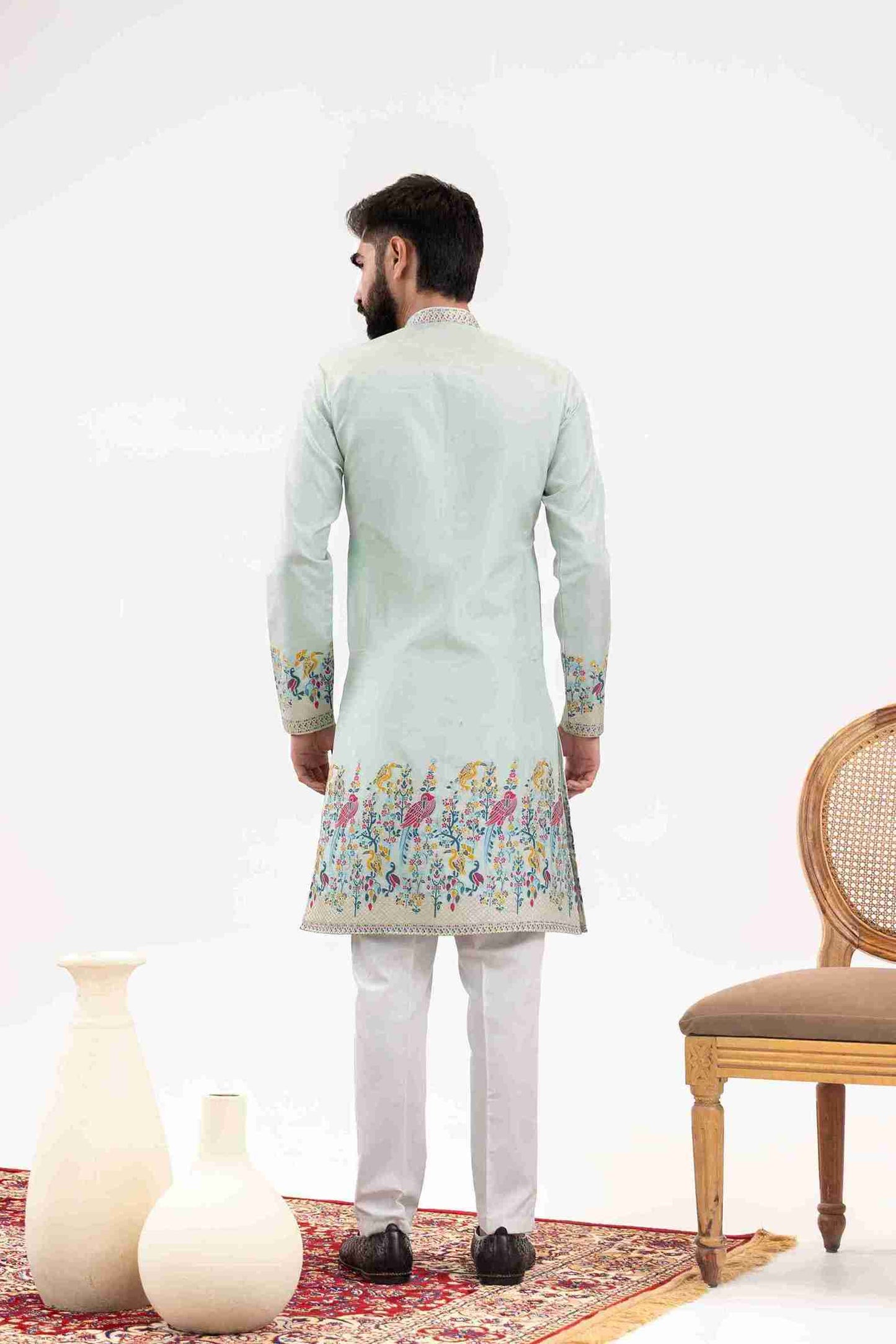 SKY BLUE PARROT PATTERN JACQUARD DESIGNER INDO-WESTERN KURTA