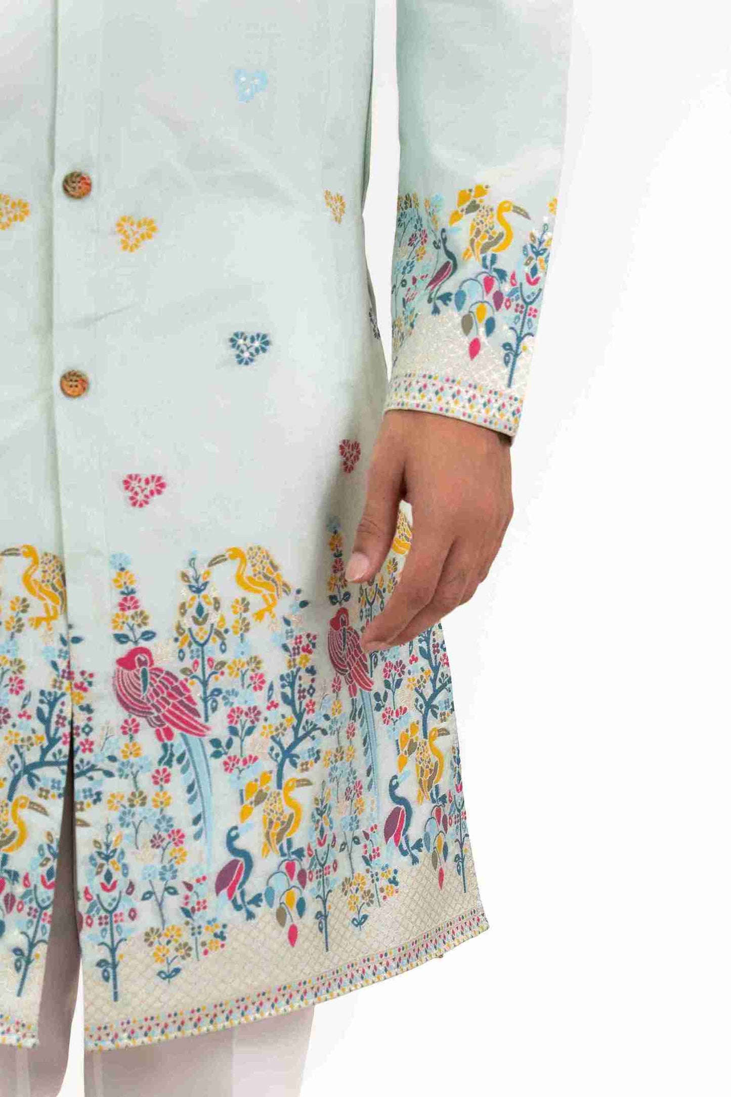 SKY BLUE PARROT PATTERN JACQUARD DESIGNER INDO-WESTERN KURTA