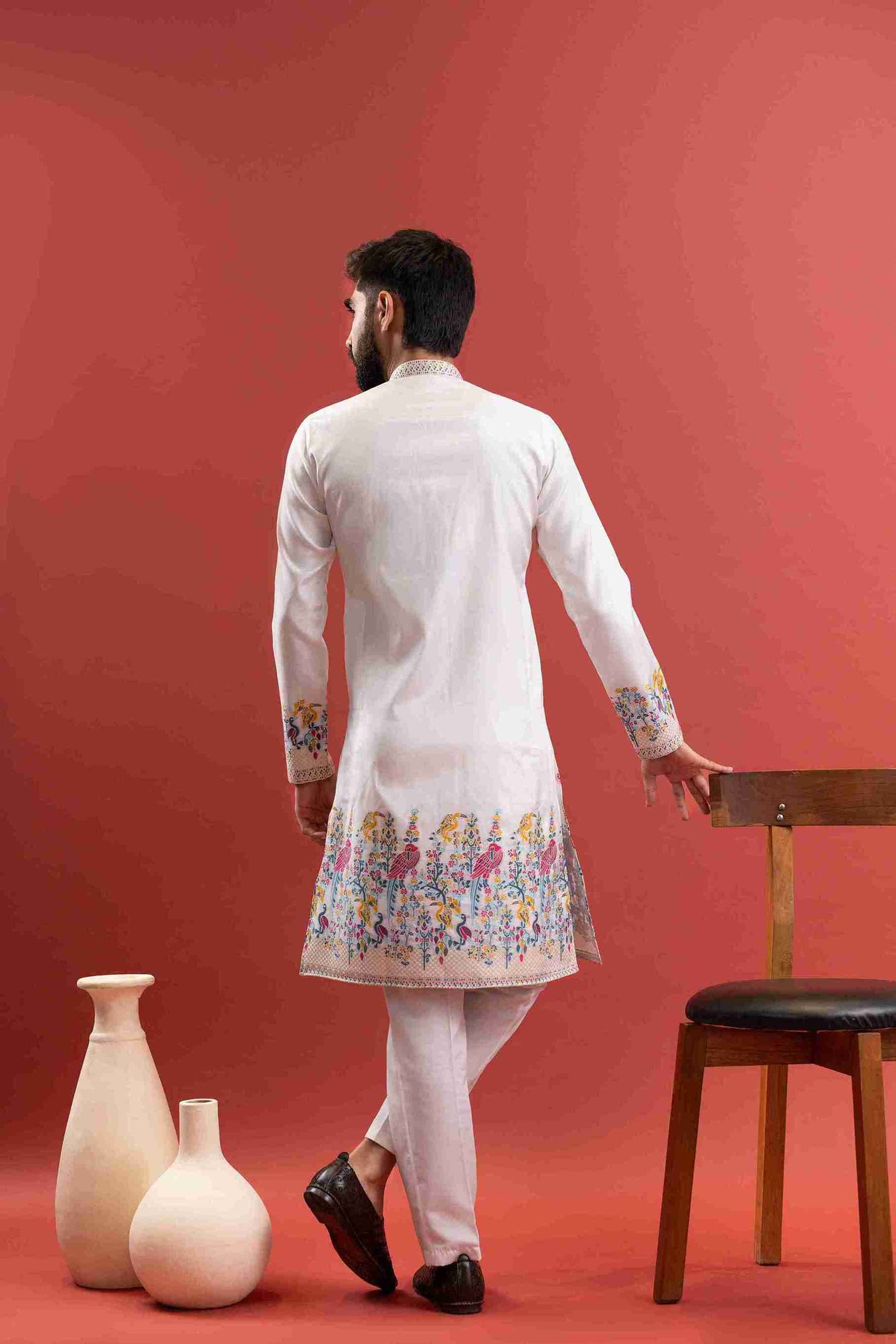 WHITE PARROT PATTERN JACQUARD DESIGNER INDO-WESTERN KURTA