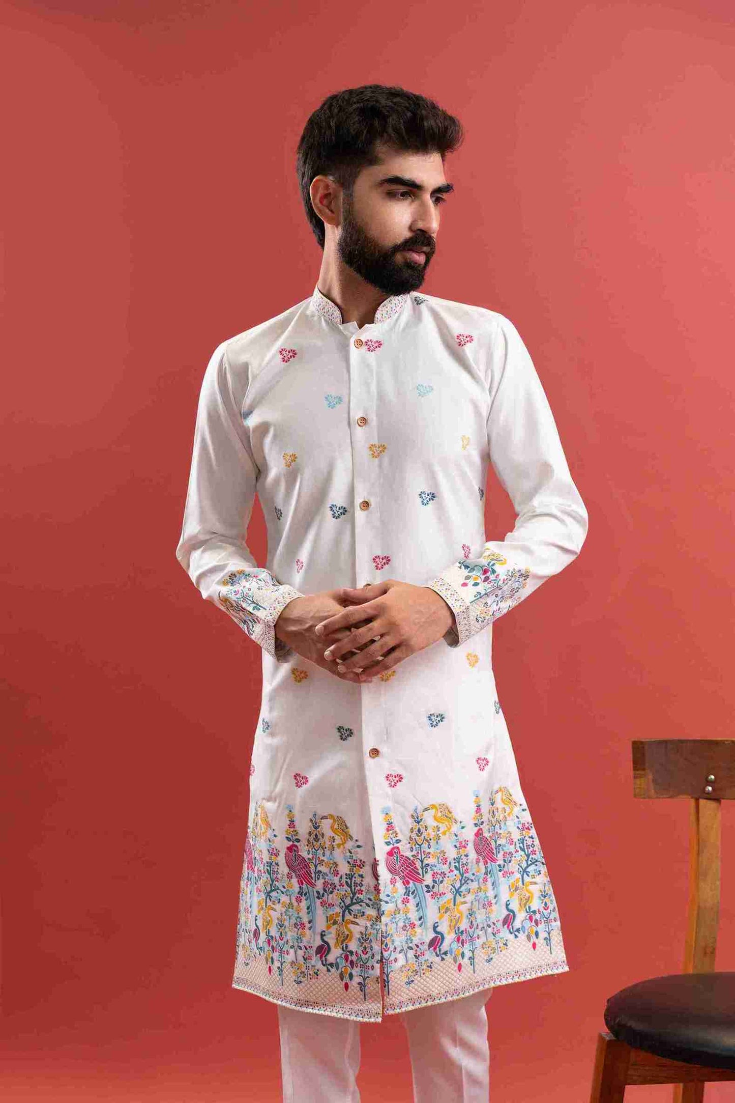 WHITE PARROT PATTERN JACQUARD DESIGNER INDO-WESTERN KURTA