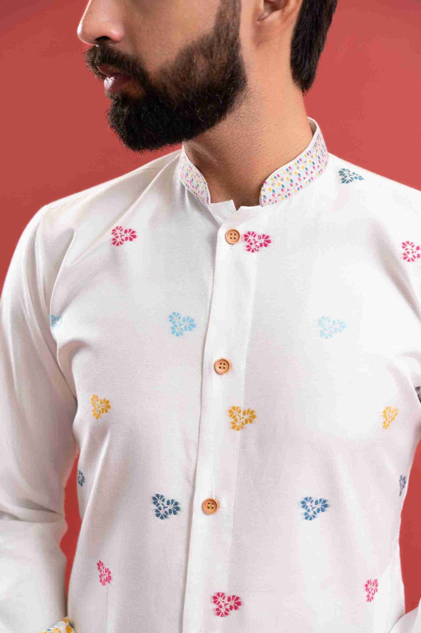 WHITE PARROT PATTERN JACQUARD DESIGNER INDO-WESTERN KURTA