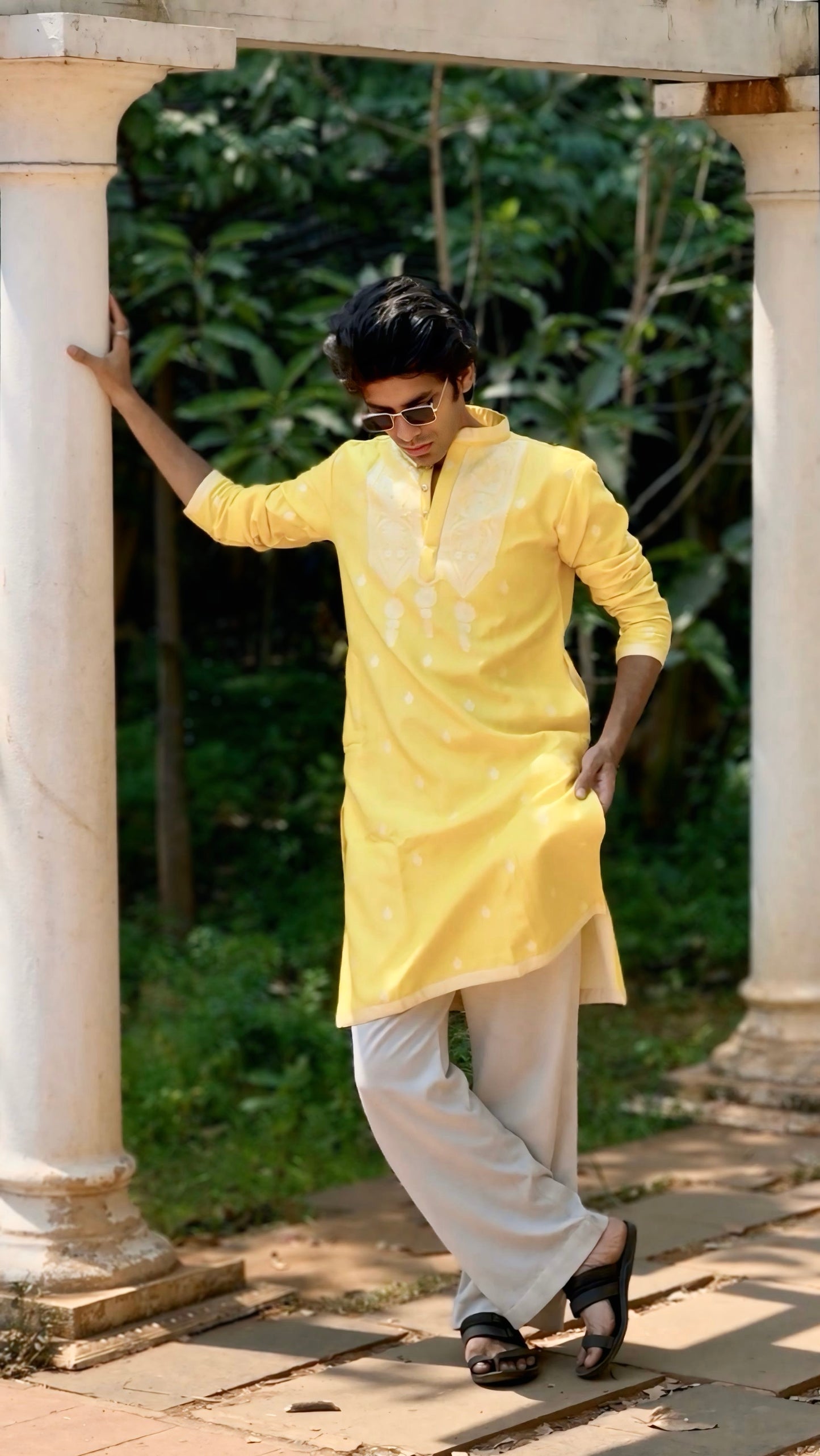 YELLOW JACQUARD DESIGNER KURTA FOR MEN WITH HEAVY NECK PATTERN