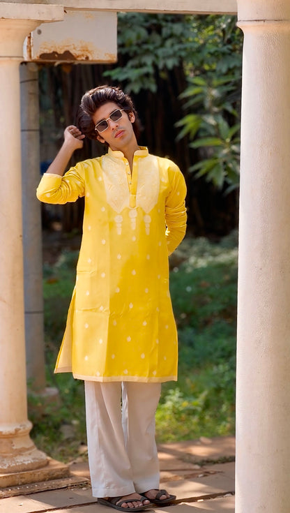 YELLOW JACQUARD DESIGNER KURTA FOR MEN WITH HEAVY NECK PATTERN
