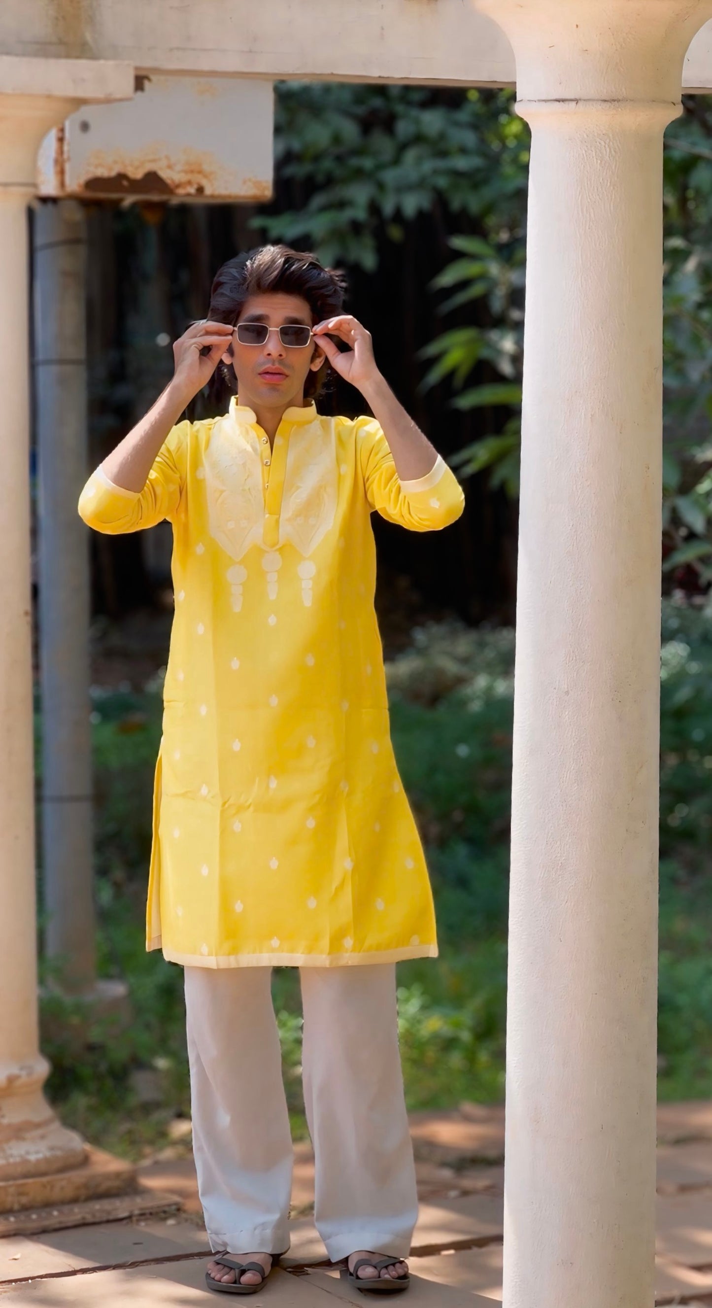 YELLOW JACQUARD DESIGNER KURTA FOR MEN WITH HEAVY NECK PATTERN