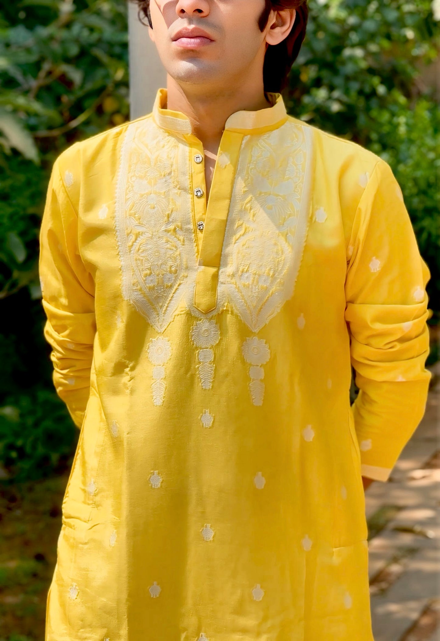 YELLOW JACQUARD DESIGNER KURTA FOR MEN WITH HEAVY NECK PATTERN