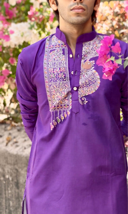PURPLE PEACOCK NECK PATTERN JACQUARD DESIGNER KURTA