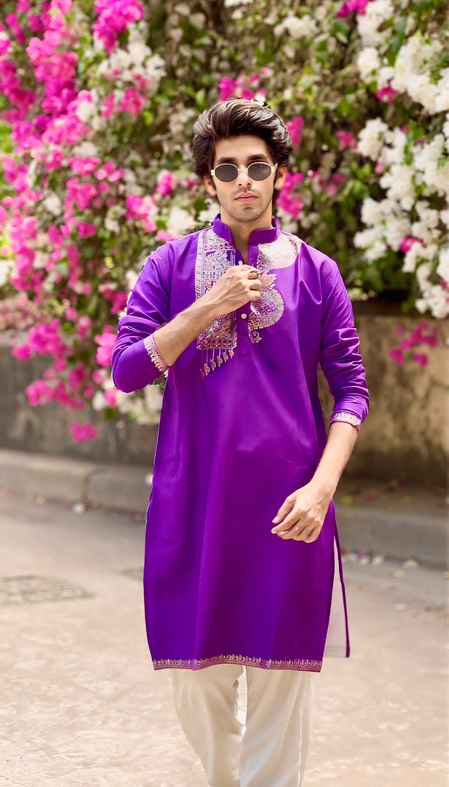 PURPLE PEACOCK NECK PATTERN JACQUARD DESIGNER KURTA