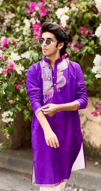 PURPLE PEACOCK NECK PATTERN JACQUARD DESIGNER KURTA