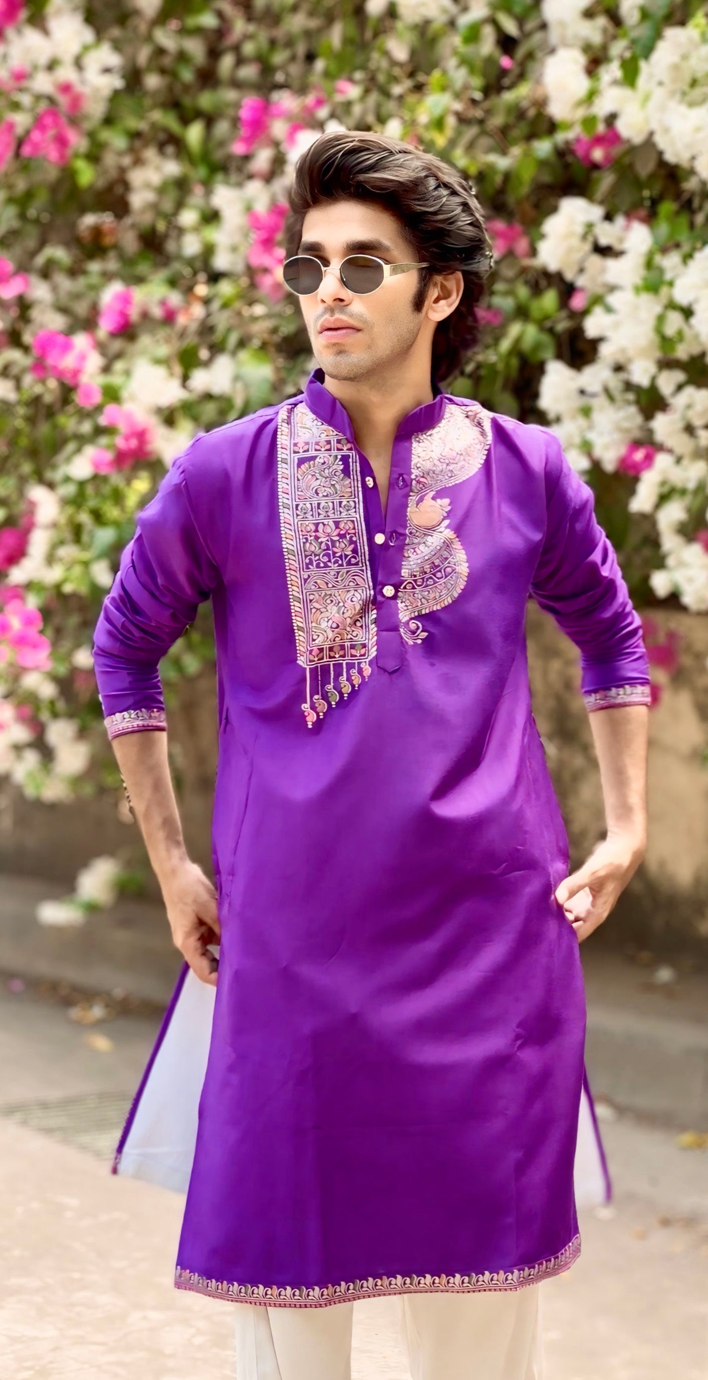 PURPLE PEACOCK NECK PATTERN JACQUARD DESIGNER KURTA