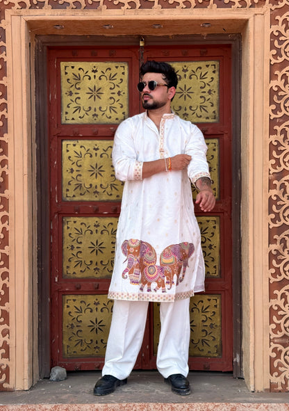 WHITE ELEPHANT PATTERN EXCLUSIVE JACQUARD KURTA