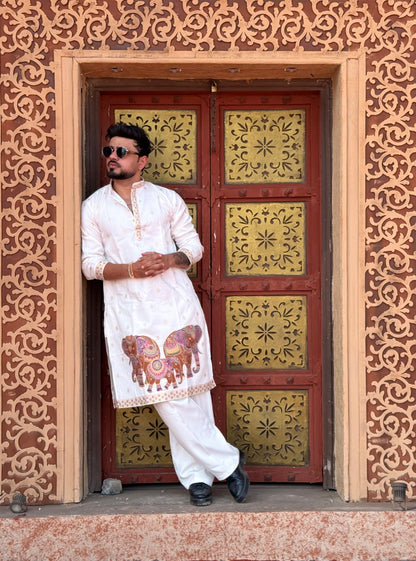 WHITE ELEPHANT PATTERN EXCLUSIVE JACQUARD KURTA
