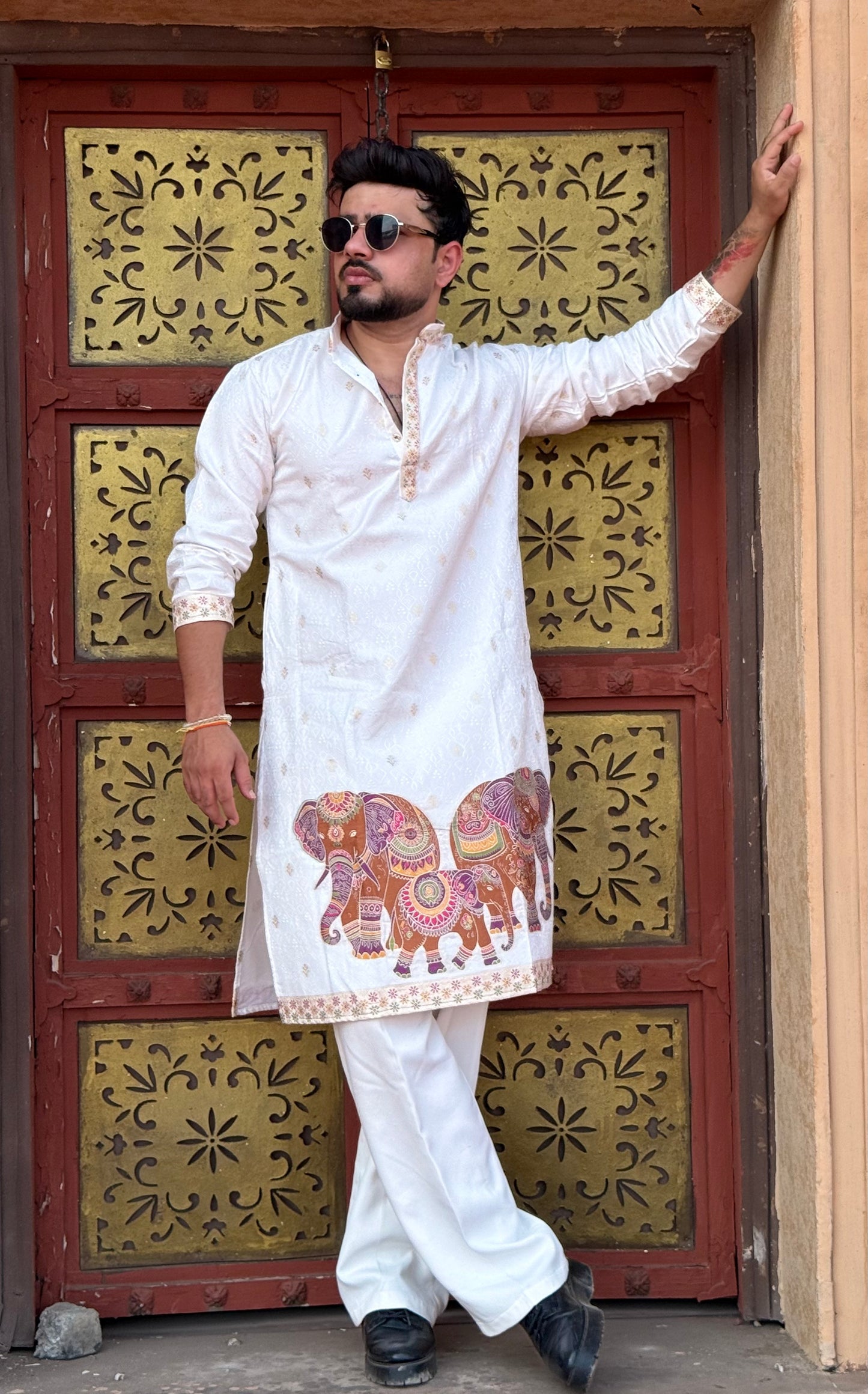 WHITE ELEPHANT PATTERN EXCLUSIVE JACQUARD KURTA