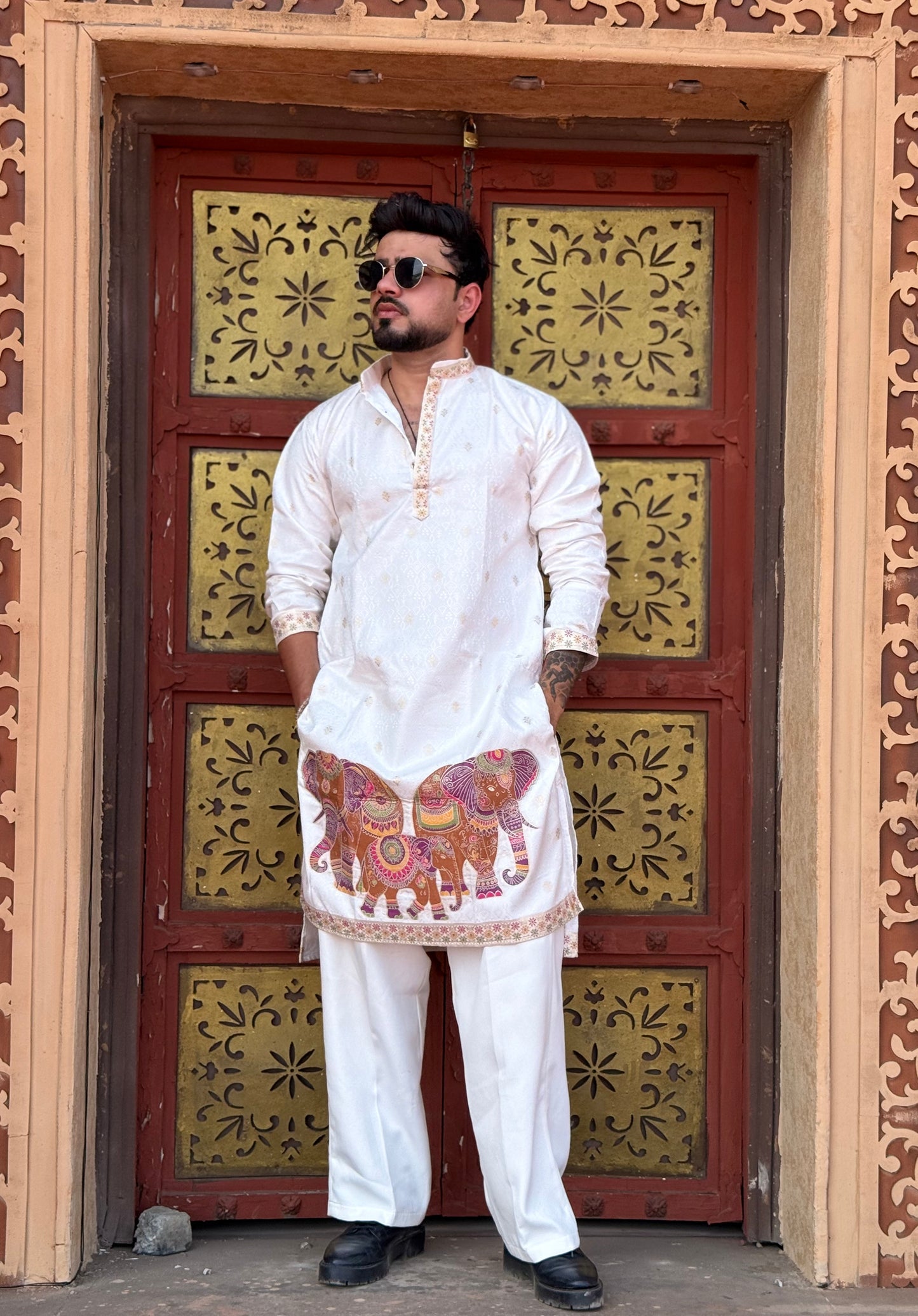 WHITE ELEPHANT PATTERN EXCLUSIVE JACQUARD KURTA