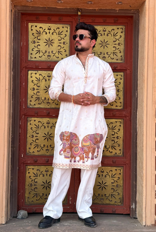 WHITE ELEPHANT PATTERN EXCLUSIVE JACQUARD KURTA