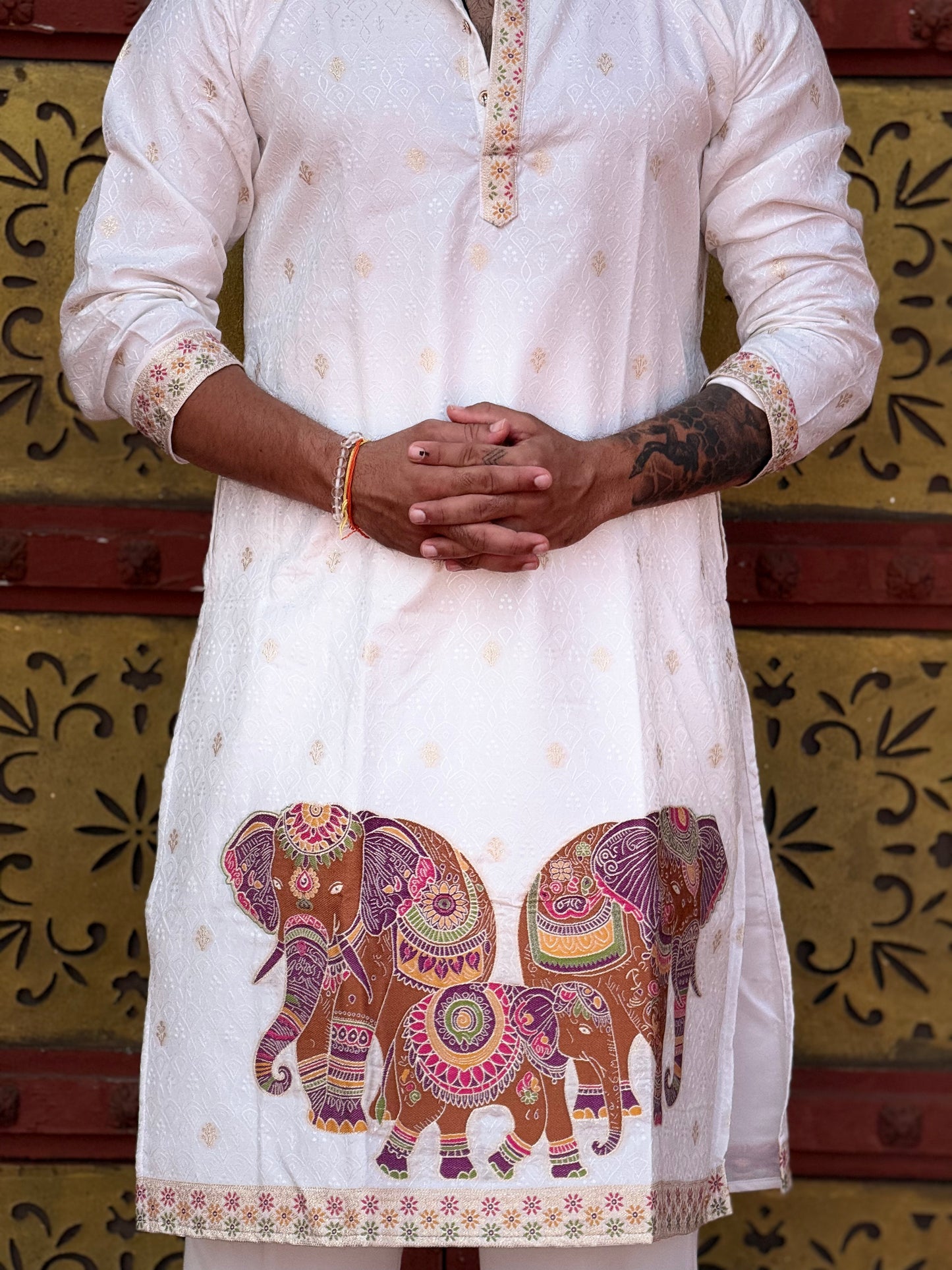 WHITE ELEPHANT PATTERN EXCLUSIVE JACQUARD KURTA