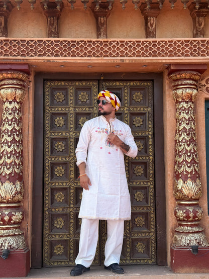 WHITE PEACOCK PATTERN JACQUARD DESIGNER KURTA