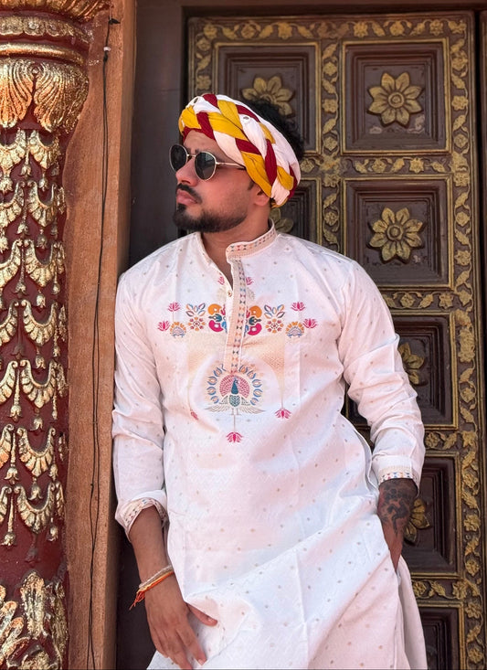 WHITE PEACOCK PATTERN JACQUARD DESIGNER KURTA