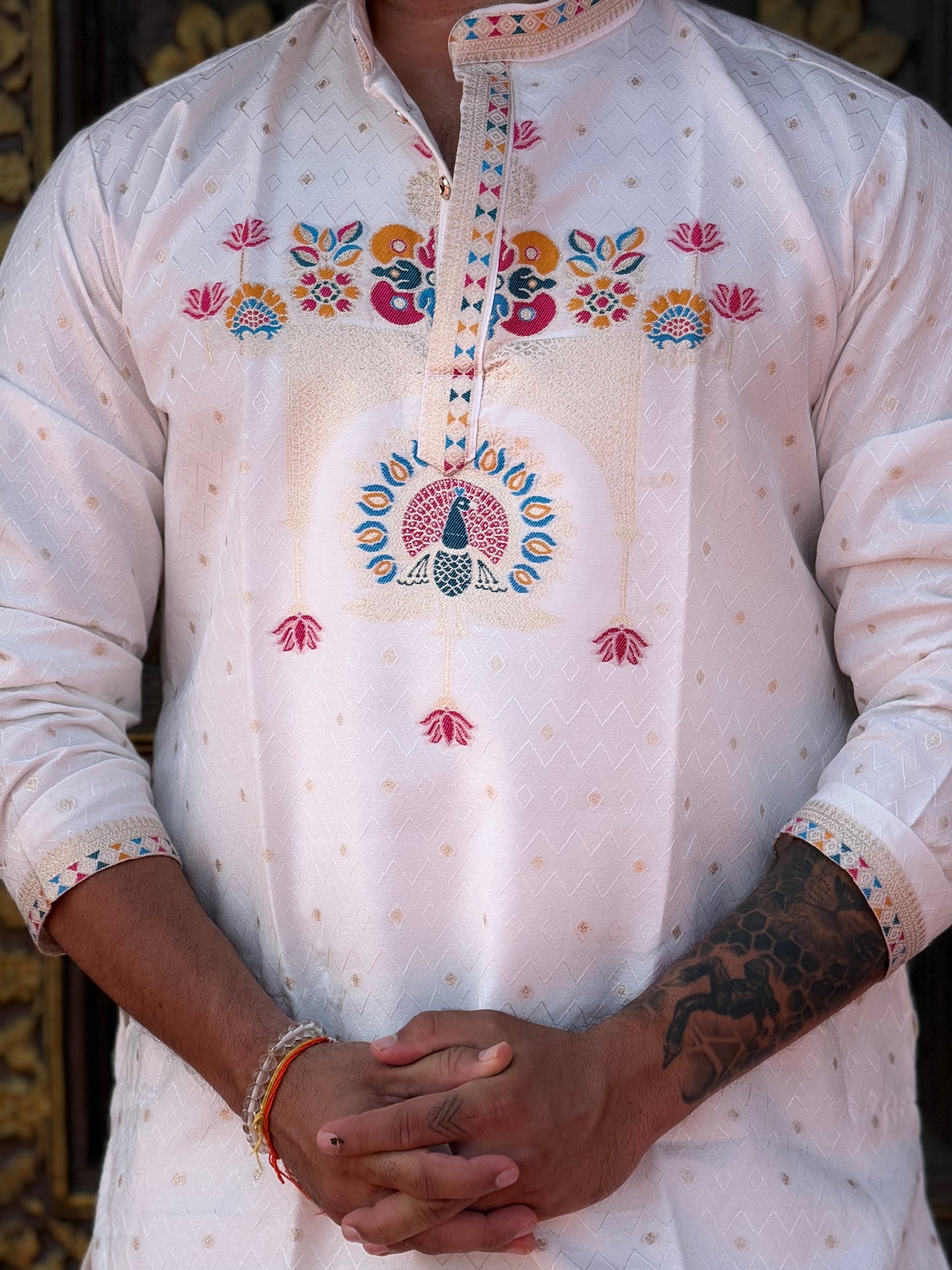 WHITE PEACOCK PATTERN JACQUARD DESIGNER KURTA