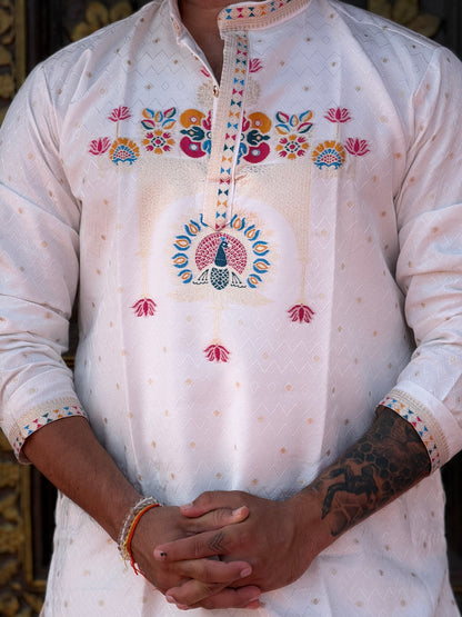 WHITE PEACOCK PATTERN JACQUARD DESIGNER KURTA