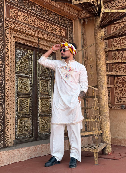 WHITE PEACOCK PATTERN JACQUARD DESIGNER KURTA