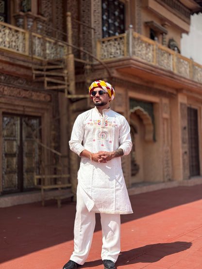 WHITE PEACOCK PATTERN JACQUARD DESIGNER KURTA
