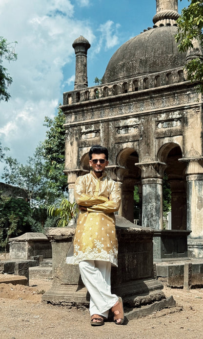 BEIGE FLORAL HALF-HALF PATTERN JACQUARD DESIGNER KURTA