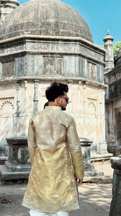 BEIGE FLORAL HALF-HALF PATTERN JACQUARD DESIGNER KURTA