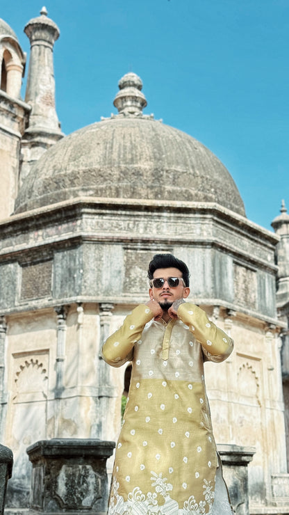 BEIGE FLORAL HALF-HALF PATTERN JACQUARD DESIGNER KURTA
