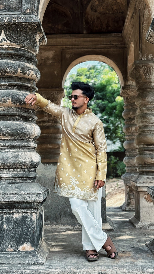 BEIGE FLORAL HALF-HALF PATTERN JACQUARD DESIGNER KURTA