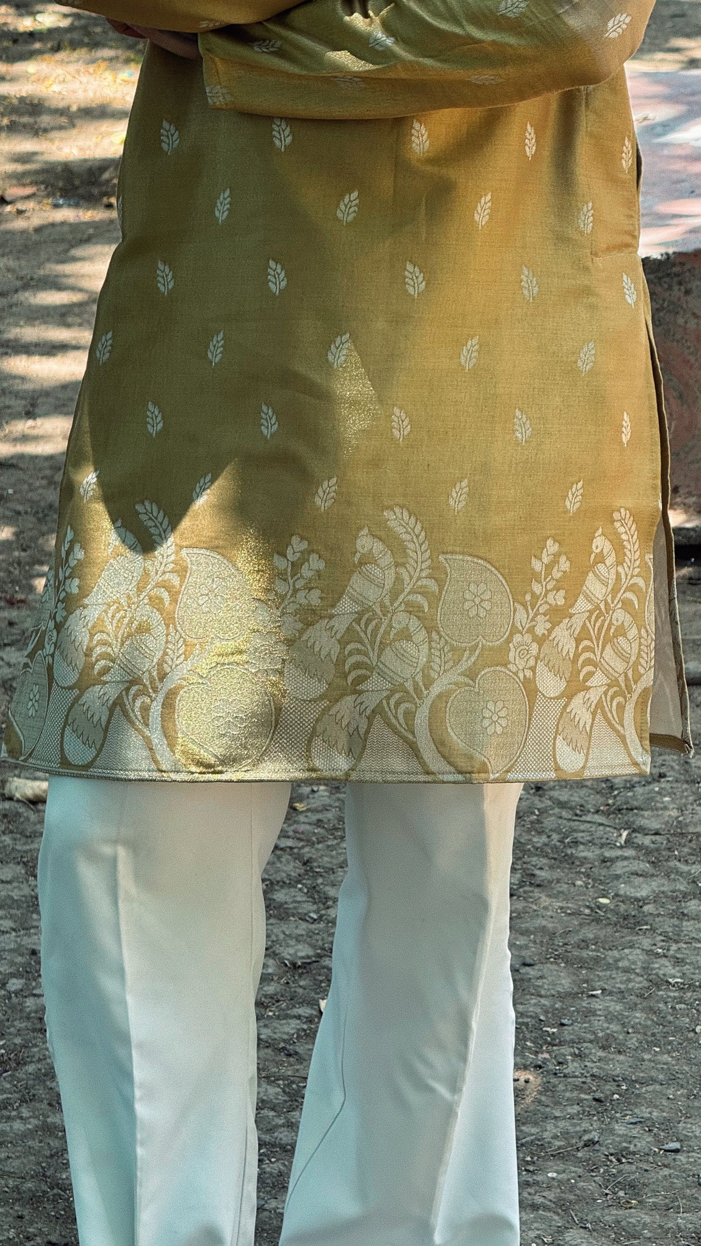 BEIGE PEACOCK FLORAL HALF-HALF PATTERN JACQUARD DESIGNER KURTA