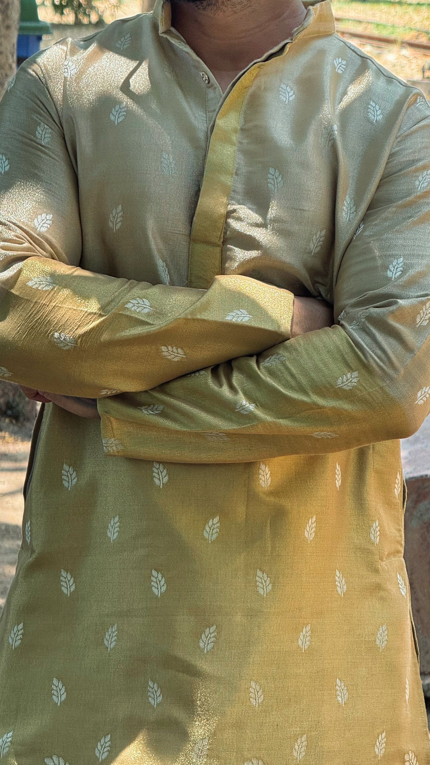BEIGE PEACOCK FLORAL HALF-HALF PATTERN JACQUARD DESIGNER KURTA